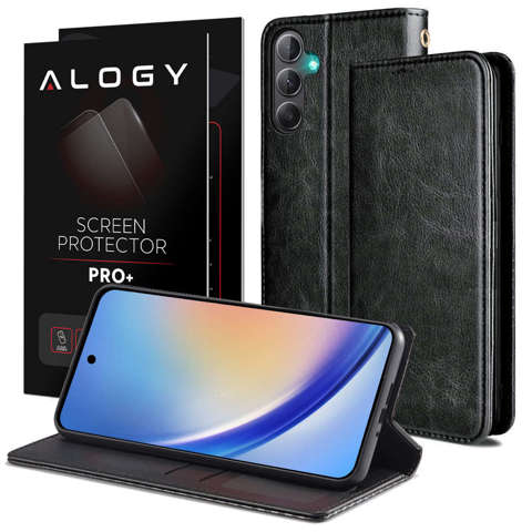 Etui ochronne z klapką skórzany portfel Alogy Wallet Case obudowa na telefon do Samsung Galaxy A54 5G Czarne + Szkło