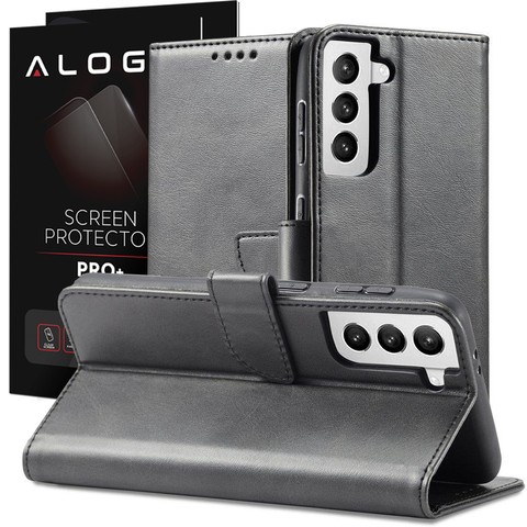 Etui z klapką magnetyczne portfel Alogy skórzane do Samsung Galaxy S22 Plus Czarne + Szkło