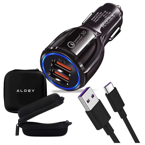 Ładowarka samochodowa szybka Alogy 2x USB 3.1A QC 3.0 18W + Kabel 5A 1m + Etui