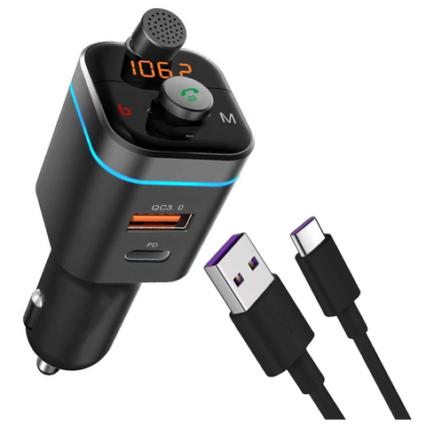 Ładowarka samochodowa zestaw głośnomówiący Alogy Transmiter FM Bluetooth 5.0 Karta pamięci USB QC 3.0 USB-C PD 18W + Kabel USB-A do USB-C