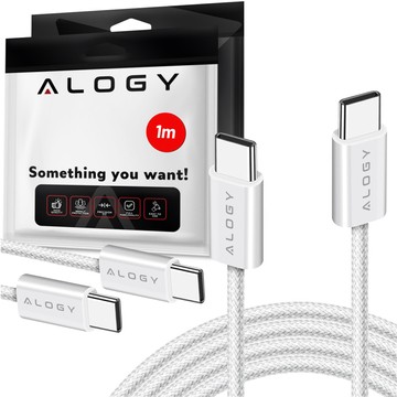 2x Kabel USB-C typ C mocny szybki 60W PD 1M do iPhone 15/16/Pro/Max nylonowy przewód Alogy biały [2szt]