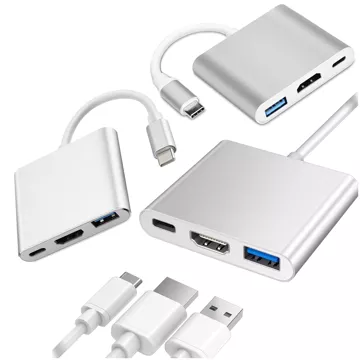 Adapter HUB 3w1 Alogy przejściówka USB-C 3.0 HDMI USB-A Srebrny