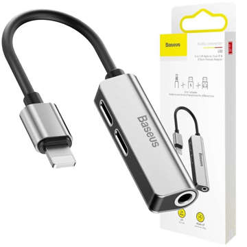 Adapter przejściówka Audio Baseus Lightning do miniJack 3.5mm + 2x Lightning do iPhone Srebrny
