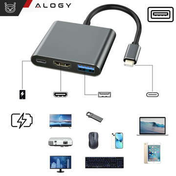 Adapter przejściówka HUB 3w1 USB-C na HDMI USB-A USB-C 4K 60Hz Alogy szary