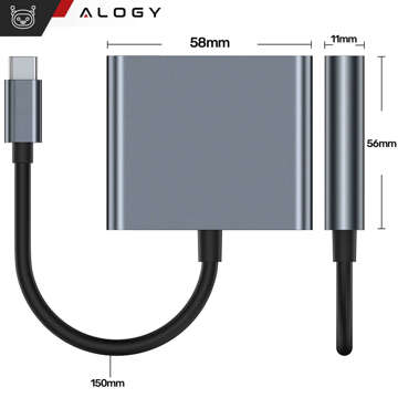 Adapter przejściówka HUB 3w1 USB-C na HDMI USB-A USB-C 4K 60Hz Alogy szary