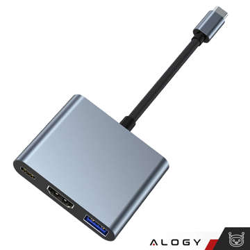 Adapter przejściówka HUB 3w1 USB-C na HDMI USB-A USB-C 4K 60Hz Alogy szary