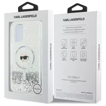 Etui Karl Lagerfeld do iPhone 16 6.1" Magsafe Hardcase Transparent Liquid Glitter Karl Head 