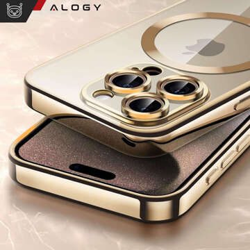 Etui MagSafe Case do iPhone 15 Pro Max Glamour Luxury obudowa Slim Ring Alogy Złote przezroczyste + Szkło