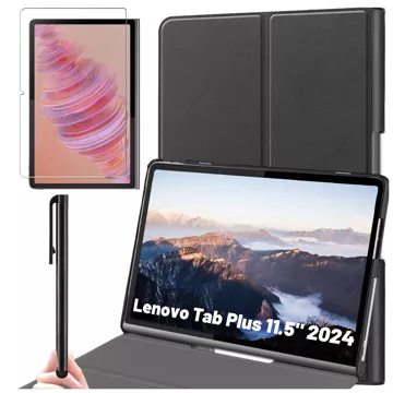 Etui + Szkło do Lenovo Tab Plus 11.5" 2024 TB351FU Alogy Book Cover Case obudowa na tablet Czarne + Rysik Gratis