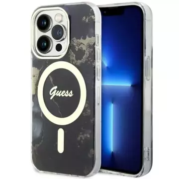 Etui na telefon Guess GUHMP14LHTMRSK do Apple iPhone 14 Pro 6.1" czarny/black hardcase Golden Marble MagSafe