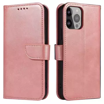 Etui na telefon Magnet Case do iPhone 13 Pro Max elegancki futerał etui pokrowiec z klapką i funkcją podstawki różowy