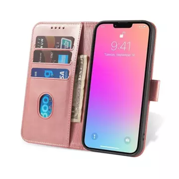 Etui na telefon Magnet Case do iPhone 14 Pro elegancki futerał etui pokrowiec z klapką i funkcją podstawki różowy