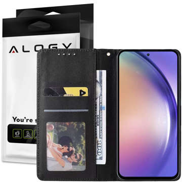 Etui ochronne z klapką skórzany portfel Alogy Wallet Case obudowa na telefon do Samsung Galaxy A34 5G Czarne + Szkło