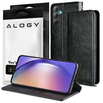 Etui ochronne z klapką skórzany portfel Alogy Wallet Case obudowa na telefon do Samsung Galaxy A34 5G Czarne + Szkło