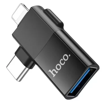 HOCO Adapter OTG Typ C (Męski) / Lightning (Męski) Do USB A (Żeński) 2w1 UA17 Czarny