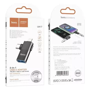 HOCO Adapter OTG Typ C (Męski) / Lightning (Męski) Do USB A (Żeński) 2w1 UA17 Czarny