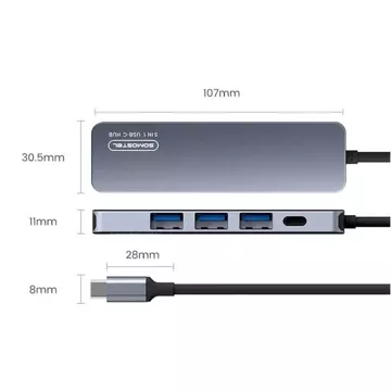 Hub Adapter USB Somostel SMS-BZ08 PD 60W 1XTYP-C 2XUSB 2.0 1X USB 3.0 1x HDMI 4K Szary