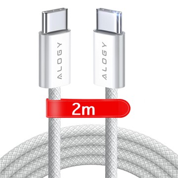 Kabel USB-C typ C mocny szybki PD 2M do iPhone 15 Alogy nylonowy przewód Biały