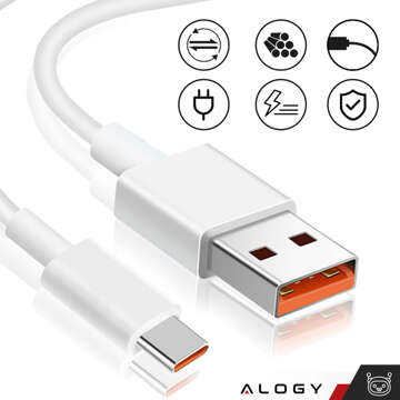 Kabel USB - USB-C typ C Alogy mocny szybki 67W 6A PD 1M przewód do Xiaomi Biały