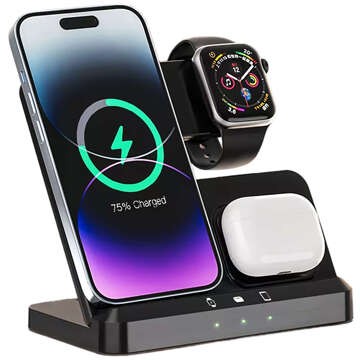 Ładowarka Bezprzewodowa Indukcyjna Qi QC 3.0 3w1 Szybka do Apple iPhone Airpods Watch Stacja ładująca 15W czarna 