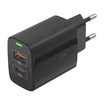 Ładowarka Foneng EU66 USB-C + USB-A 20W QC3.0 PPS FCP LED Czarna