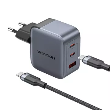 Ładowarka GaN Vention USB-C+C+A 70W + Kabel USB-C do USB-C 1m (Szara)