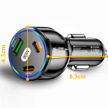 Ładowarka samochodowa 2x USB C PD 30W + USB QC 3.0 LED szybka do telefonu mocna 90W Alogy czarna