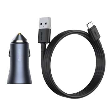 Ładowarka samochodowa Baseus Golden Contactor Pro, USB + USB-C, QC4.0+, PD, SCP, 40W (szara) + kabel USB do USB-C 1m