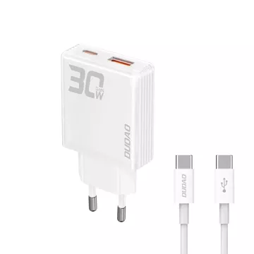 Ładowarka sieciowa GaN Dudao A30EUT 30W USB-A / USB-C + kabel USB-C - USB-C - Biała