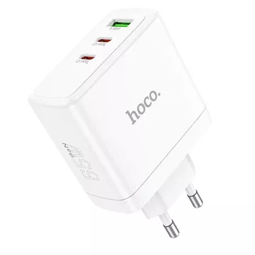 Ładowarka sieciowa HOCO 2 x Typ C + USB A QC PD 65W GaN Biała