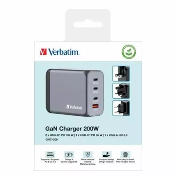 Ładowarka sieciowa Verbatim GaN 200W 3xUSB-C/USB-A + Adapter 