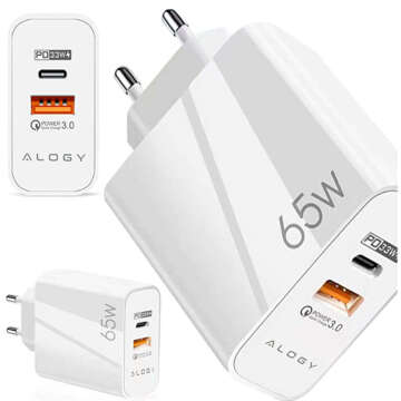 Ładowarka sieciowa szybka USB-A QC 3.0 Quick Charge + USB-C PD 33W 65W Alogy Biała