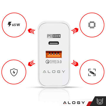 Ładowarka sieciowa szybka USB-A QC 3.0 Quick Charge + USB-C PD 33W 65W Alogy Biała