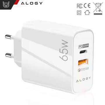 Ładowarka sieciowa szybka USB-A QC 3.0 Quick Charge + USB-C PD 33W 65W Alogy Biała