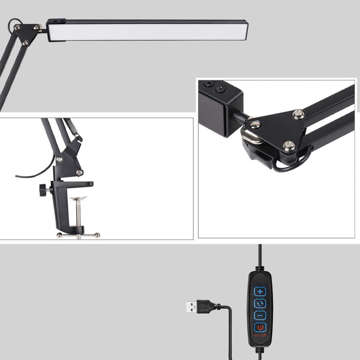 Lampa lampka biurkowa LED Kreślarska USB Alogy z regulowanym długim ramieniem do blatu biurka Czarna