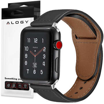 Pasek Alogy Leather Strap Band skóra do Apple Watch 1/2/3/4/5/6/7/8/SE/ULTRA (42/44/45/49mm) czarny