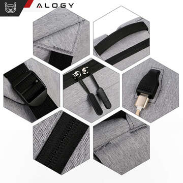 Plecak torba na laptopa 15,6" duży wodoodporny z portem USB Unisex 44x34x13cm do samolotu Alogy Backpack Szary