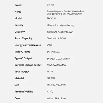 Powerbank z bezprzewodowym ładowaniem MagSafe Baseus Magnetic Bracket 10000mAh 20W + kabel USB Typ C Baseus Xiaobai Series 60W 0,5m