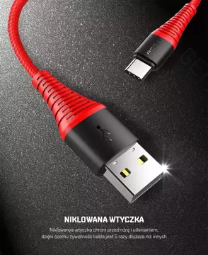 ROCK SPACE Wzmacniany Kabel  USB C 3A 1m Czerwony