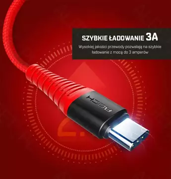 ROCK SPACE Wzmacniany Kabel  USB C 3A 1m Czerwony