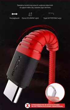 ROCK SPACE Wzmacniany Kabel  USB C 3A 1m Czerwony