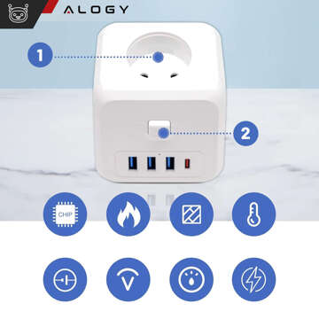 Rozgałęźnik sieciowy rozdzielacz Ładowarka adapter złodziejka 3 gniazdka EU 3x USB + USB-C C 7w1 Alogy Biały