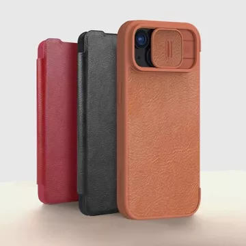 Skórzane etui z klapką osłoną aparatu do iPhone 15 Pro Max Nillkin Qin Pro Leather - czarne