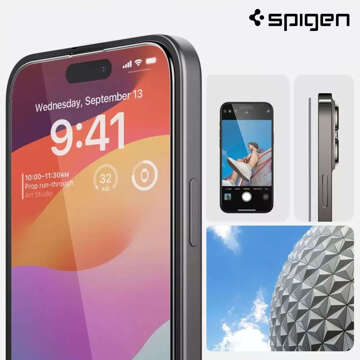 Szkło hartowane do iPhone 15 Plus / 16 Plus Spigen Glas.TR "EZ FIT" przezroczyste z czarną ramką na ekran telefonu