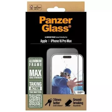 Szkło hartowane do iPhone 16 Pro Max PanzerGlass Screen Protector Aluminum Frame Ultra-Wide Fit z aluminiową ramką 