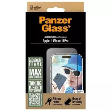 Szkło hartowane do iPhone 16 Pro PanzerGlass Screen Protector Aluminum Frame Ultra-Wide Fit z aluminiową ramką