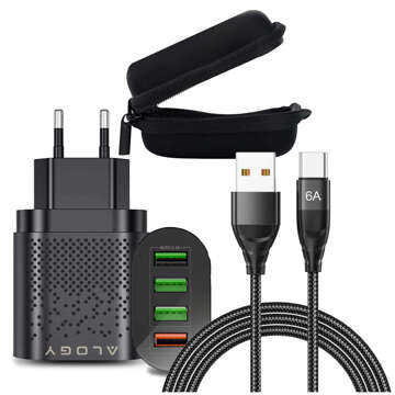 Szybka ładowarka sieciowa Alogy 4x USB Quick Charge 3.0 2.4A Czarna + Kabel 6A 1m + Etui