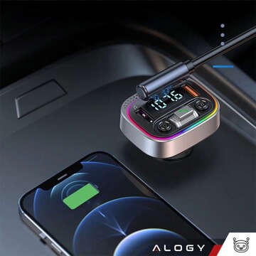 Transmiter samochodowy Bluetooth FM MP3 Szybka Ładowarka 2 x USB QC 3.0 + USB-C C PD 20W LED RGB  Alogy Car srebrny