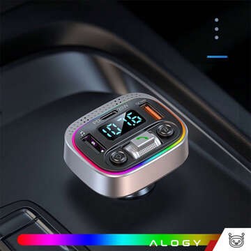 Transmiter samochodowy Bluetooth FM MP3 Szybka Ładowarka 2 x USB QC 3.0 + USB-C C PD 20W LED RGB  Alogy Car srebrny