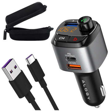 Transmiter samochodowy FM Alogy Ładowarka USB QC 3.0 + USB-C PD Bluetooth odtwarzacz MP3 + Kabel 5A 1m + Etui